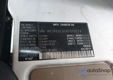 2011 Mercedes-Benz Sprinter 2500 High Roof z USA, uszkodzony, nr VIN WD3PE8CB5B5570278